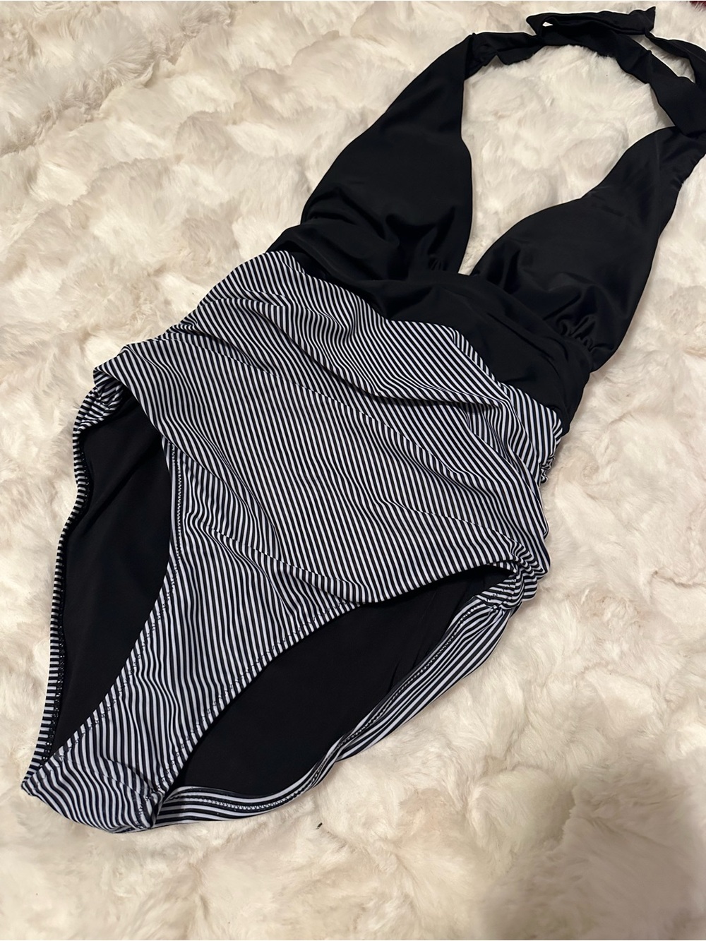 Flattering Goth Swim Black Halter One-Piece Swimsuit with Striped Waist- Womens - Picture 2 of 3